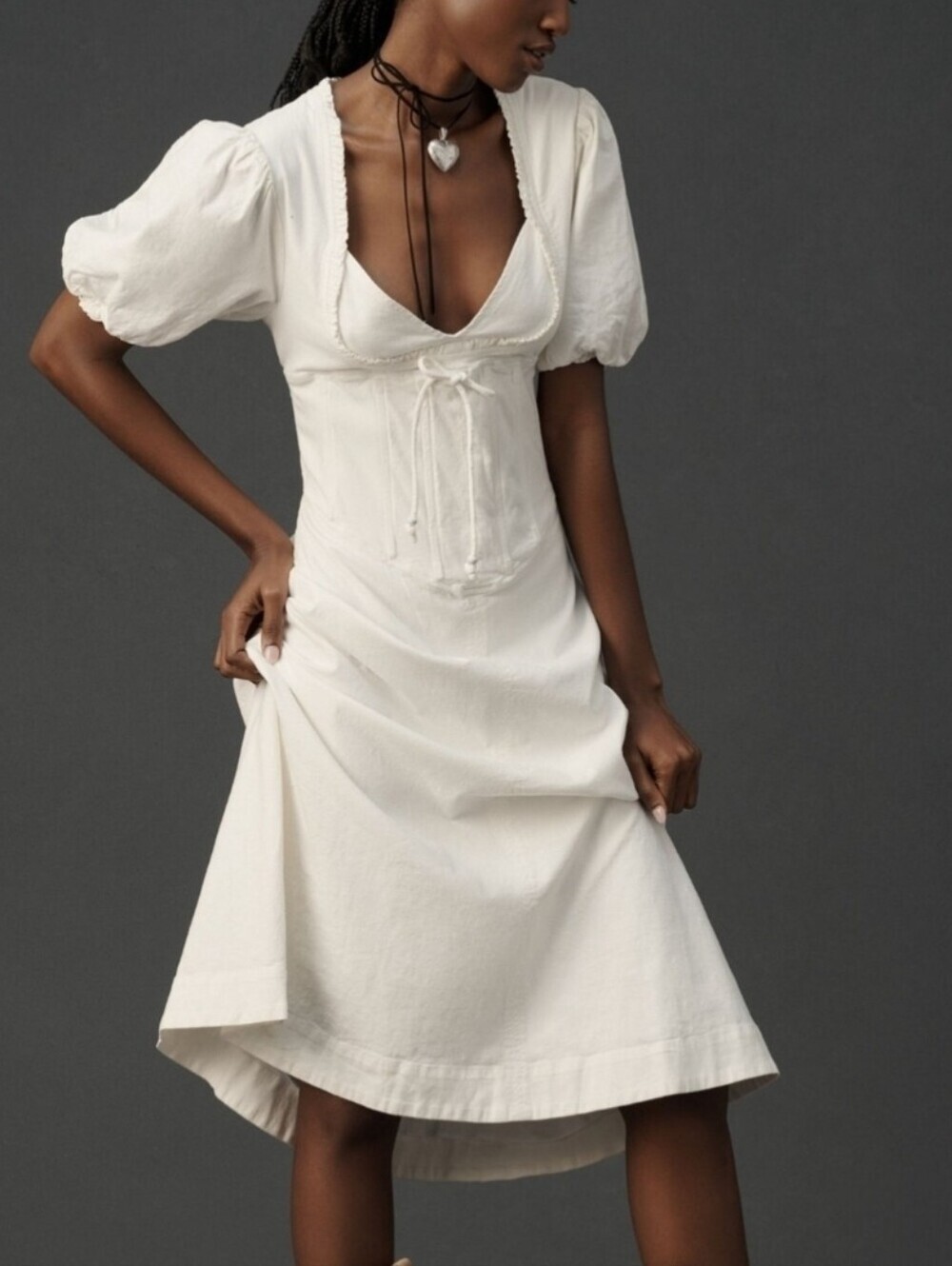 Maeve Anthropologie Linen Corset Midi Dress Puff Sleeve Coastal Cowgirl M